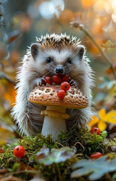 Photo un hérisson avec des baies rouges et des champignons dans la forêt d'automne