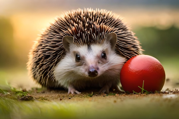 Un hérisson avec une balle rouge dans l'herbe.