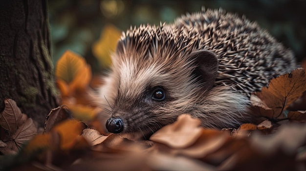 Un hérisson dans un tas de feuilles