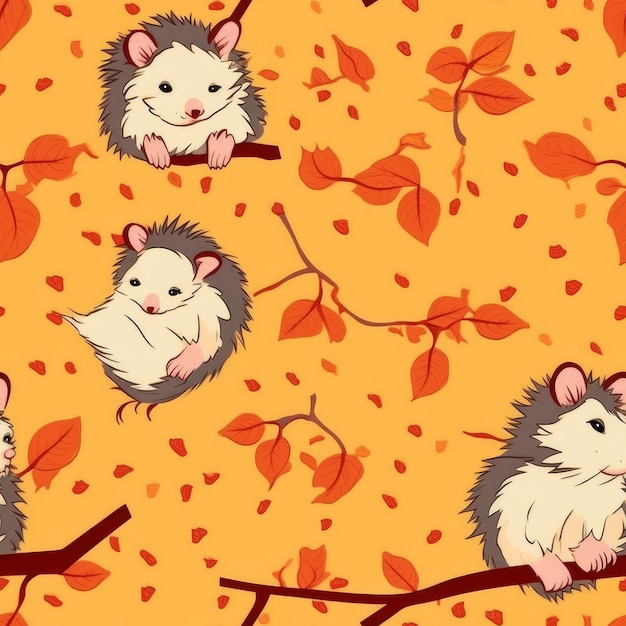 Un hérisson de dessin animé est assis sur une branche avec des feuilles d'automne en arrière-plan.