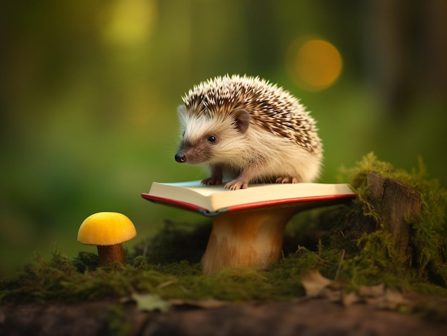 Un hérisson est assis sur un livre dans la forêt.