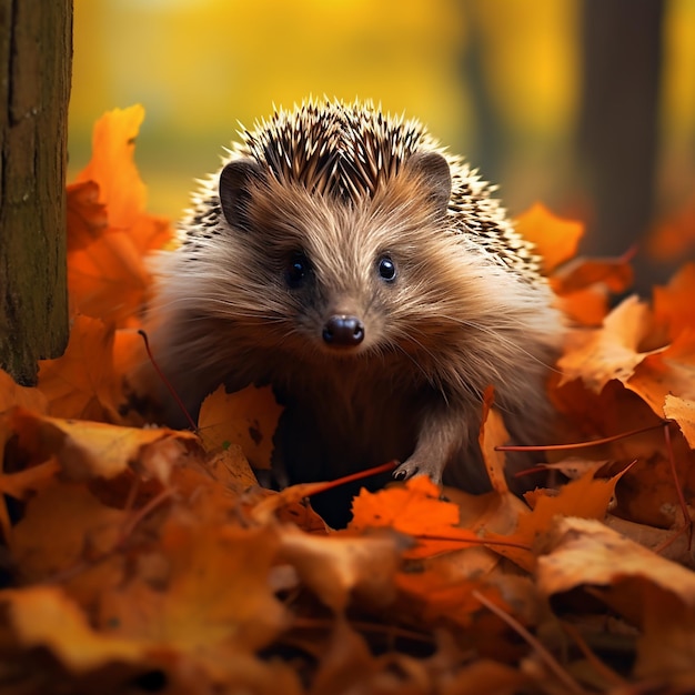 Hérisson et feuilles d'automne