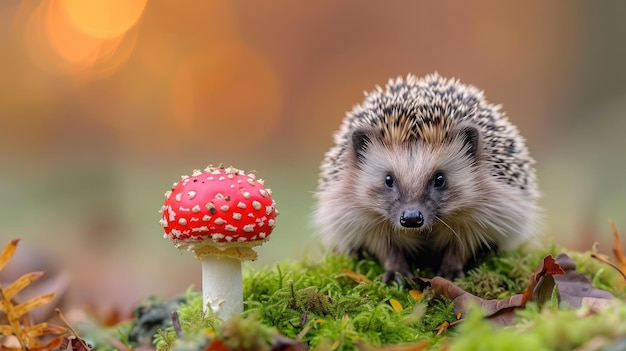 Hérisson hérisson européen natif avec mouche rouge champignon agaric et mousse verte Face vers l'avant automne ou automne Close up espace horizontal pour copier