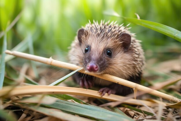 Hérisson ludique roulant dans l'herbe et jouant avec des brindilles créées avec une IA générative