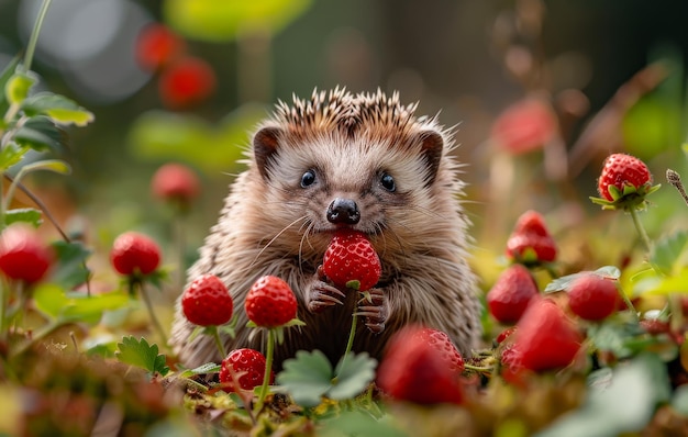 Un hérisson mange des fraises dans la forêt sauvage de près Un hérisson dans le jardin