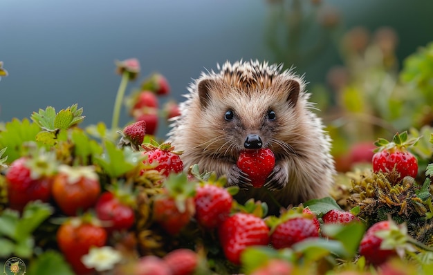 Un hérisson mangeant des fraises dans la forêt.