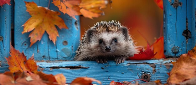 Le hérisson regarde par la porte bleue au milieu des feuilles d'automne