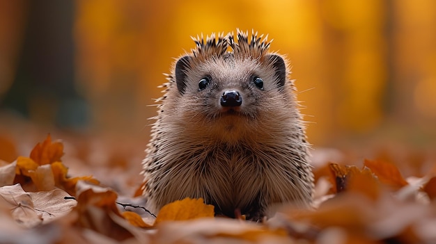 Le hérisson regarde vers le haut dans la forêt