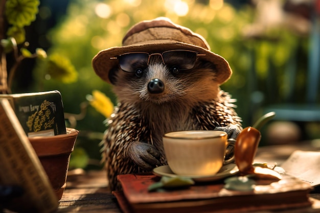 Un hérisson satisfait portant un chapeau de soleil et des lunettes de soleil lisant un livre dans un jardin avec une tasse de thé dans la patte et une expression sereine