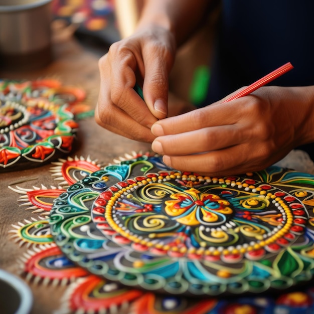 Photo l'héritage l'artisanat des mains dessinant le mandala péruvien