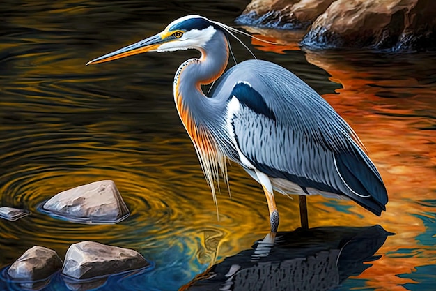 Héron avec un beau plumage blanc gris et des pattes orange dans l'ai générative de l'eau bleue