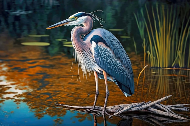 Heron avec de belles plumes brillantes se dresse en eau peu profonde sur la rive du lac ai générative