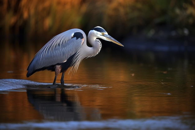 Un héron debout dans la pêche en eau peu profonde pour le pré