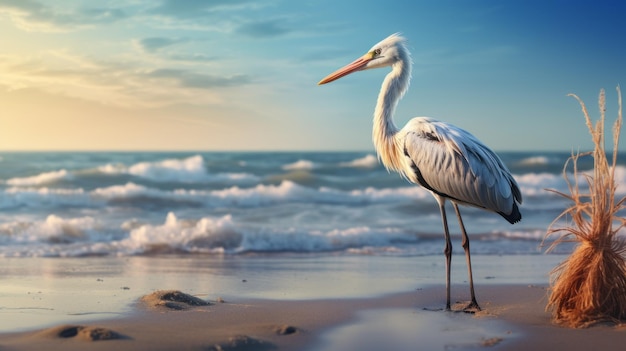 Un héron gracieux sur la plage Une représentation réaliste de la beauté de la nature