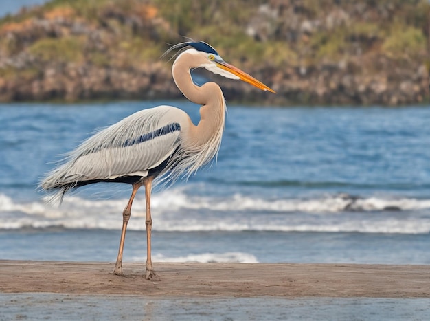 Un héron majestueux se perche gracieusement sur une chaise de plage patinée, ses plumes ébouriffées par l'océan