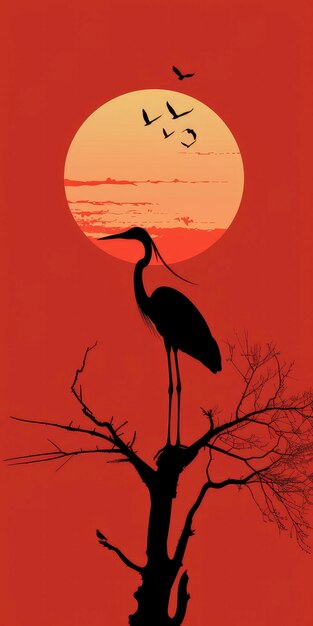 Photo a heron standing on a branch with a red sunset background