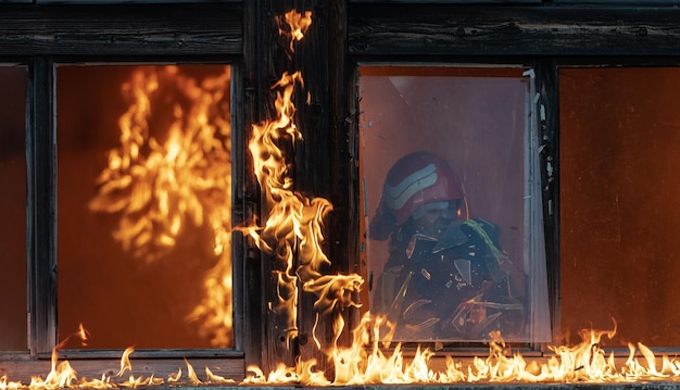 Héros pompier transportant une petite fille hors de la zone de construction en feu après un incendie. Sauvez les gens d'un endroit dangereux. Travail d'équipe Photo de haute qualité