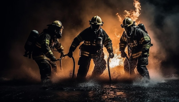 Des héros en tenue de protection pulvérisant des flammes infernales générées par l'IA