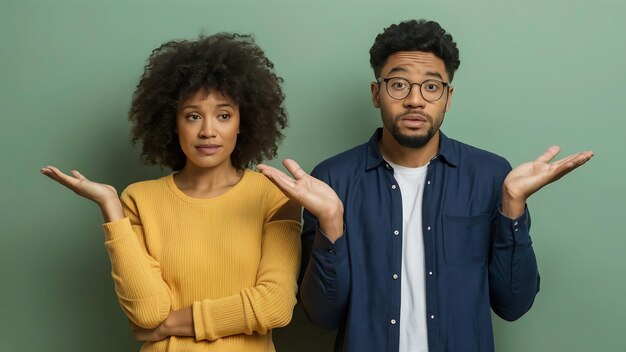 Photo hésitant interrogé femme noire et homme haussent les épaules avec des expressions ignorantes n'ont aucune suggestion