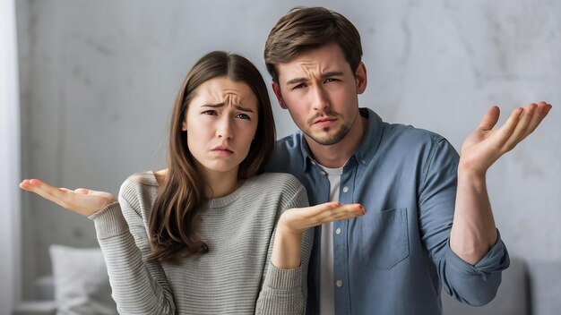 Hésitant, perplexe, indigné, jeune femme et homme caucasiens haussent les épaules avec incertitude.