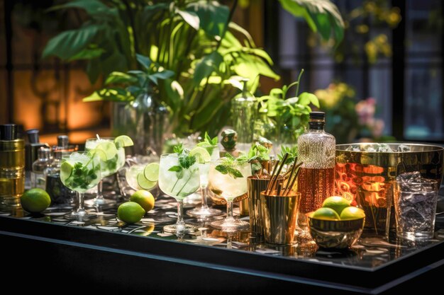 Une heure de cocktail avec un bar bien aménagé, des apéritifs délicieux et une atmosphère détendue pour déguster de délicieux cocktails.