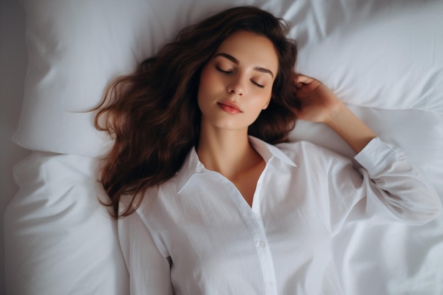 À l'heure du coucher dormir femmes heureuses reposer blanc couché coussin de relaxation rêve sain beauté confortable personne jeune au lit à la maison matin femme attrayante