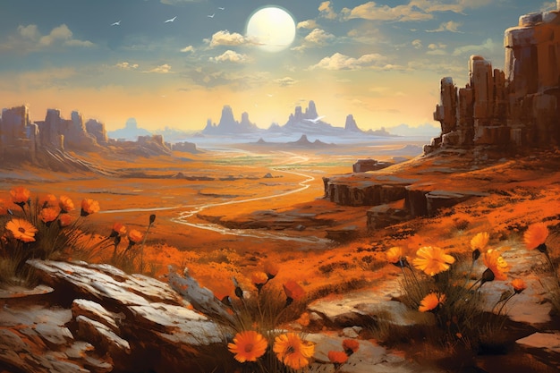 Heure du coucher du soleil Peinture d'une vue d'automne de la nature Belle image d'illustration AI générative