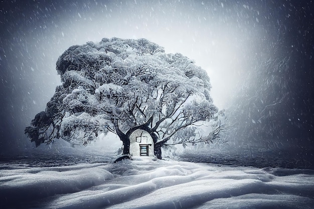 Heure d'hiver dans les montagnes le sol sous la neige blanche et les arbres gelés nus dans une illustration 3D de tempête de neige