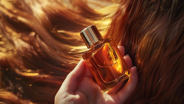 Heure d'or de la beauté gros plan d'un homme tenant une bouteille d'huile pour les cheveux parmi la lumière du soleil scintillante mettant en évidence les cheveux sains et brillants