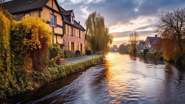 Photo l'heure d'or dans un village européen coloré au bord d'un fleuve