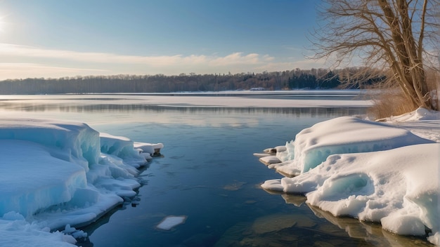 Heure d'or sur un lac gelé avec une jetée