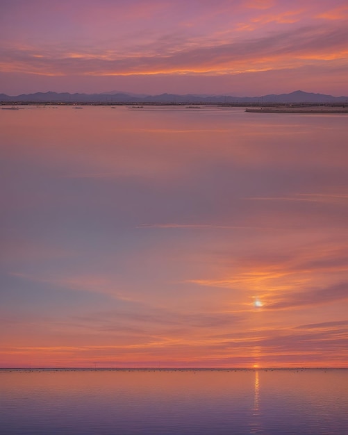 Heure d'or rose orange et violet lumière coucher de soleil sur la Mar menor spaire réflexions sur l'eau