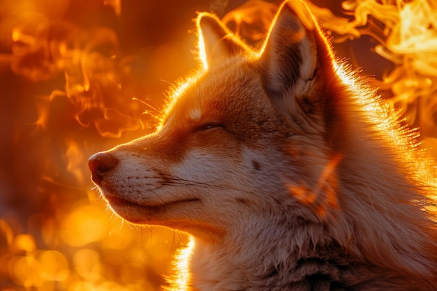Photo heure d'or serenité chien majestueux se réjouissant de la chaude lumière du coucher de soleil portrait canin paisible dans la nature
