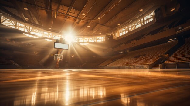 Photo heure d'or stade de basket-ball vide avec des lanternes lumineuses ensoleillées et des fans assis silence après le match match sportif