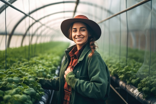 Heureuse agricultrice travaillant à l'intérieur d'une serre agricole