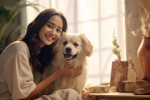 Heureuse belle femme avec un chien mignon assis sur le sol intérieur du salon