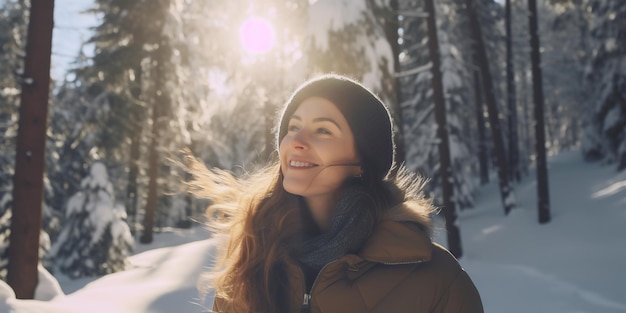 heureuse belle femme profitant d'une belle journée d'hiver dans la forêt enneigée