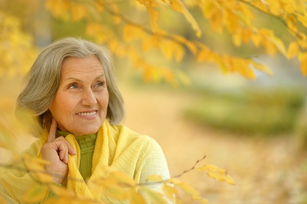 Heureuse belle femme senior dans le parc en automne