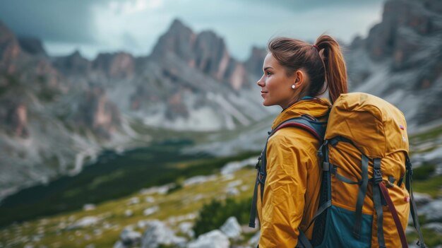 heureuse belle fille faire de la randonnée dans la forêt