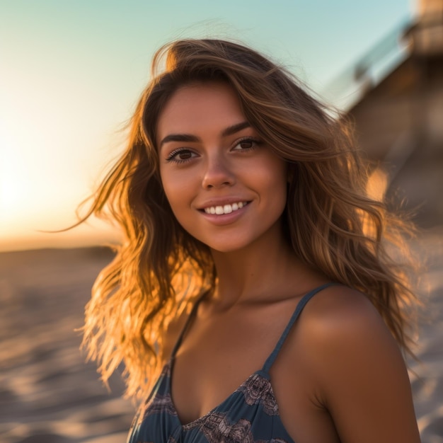 Heureuse belle jeune femme sourit sur la plage