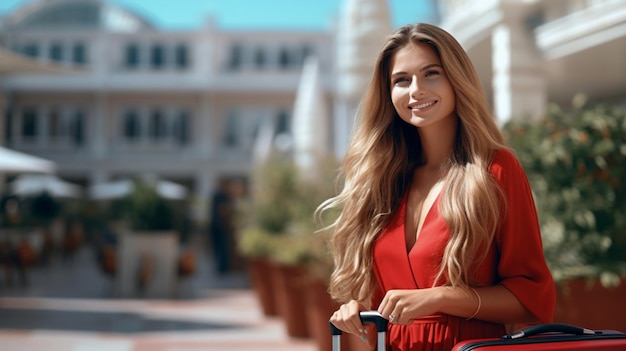 Heureuse Caucasienne aux cheveux longs et jolis Touriste élégante en robe avec une valise rouge devant l'hôtel