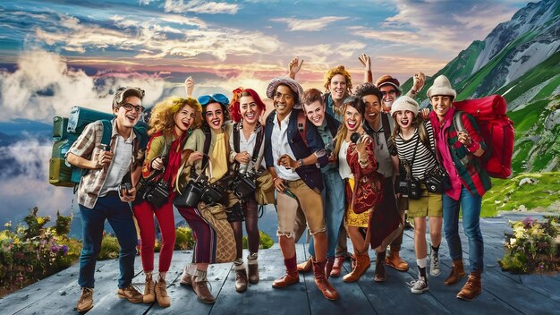 Une heureuse compagnie hipster d'amis voyageant à travers le monde