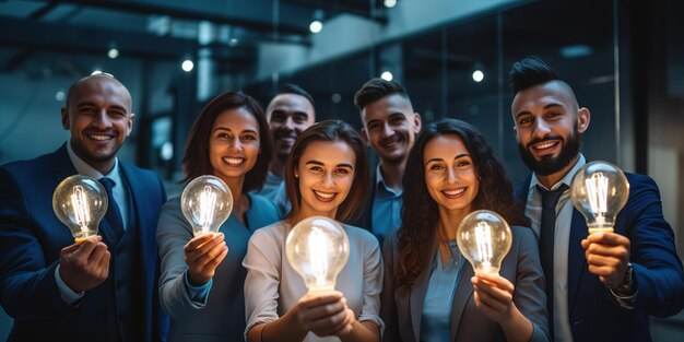 Heureuse équipe créative tenant des ampoules allumées rougeoyantes