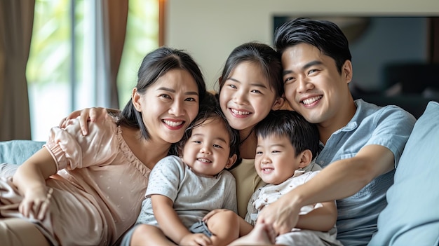 Heureuse famille asiatique avec deux enfants assis sur un canapé à la maison, regardant la télévision ensemble