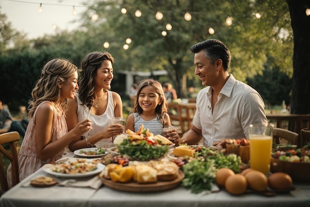 heureuse famille élargie s'amusant tout en parlant pendant le déjeuner dans la salle à manger, l'accent est mis sur la petite fille