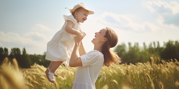 Heureuse famille harmonieuse à l'extérieur, la mère jette le bébé en riant et en jouant en été