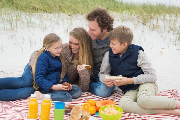 Heureuse famille de quatre personnes à un pique-nique de plage