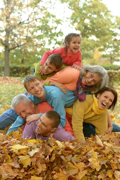 Heureuse famille souriante relaxante dans la forêt d'automne