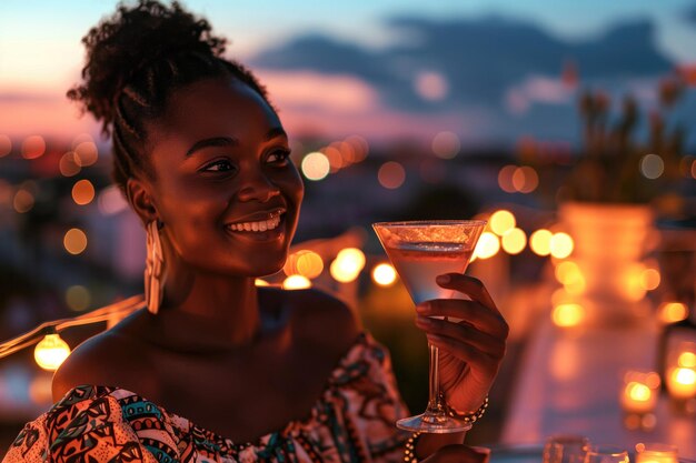 Heureuse femme africaine d'un an sirotant un martini sur le fond de la ville