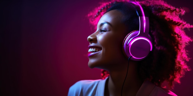 Heureuse femme afro-américaine avec casque et smartphone écoutant de la musique et dansant au néon